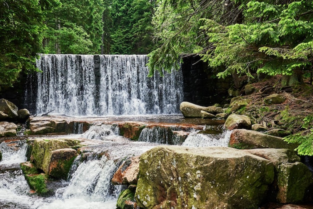 Waterfall on lomnica river in karpacz mountains in poland beautiful nature landscape