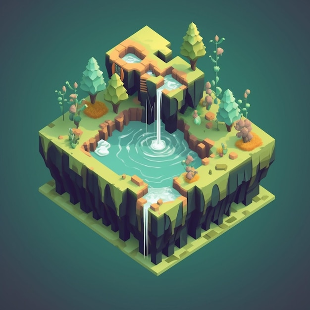 Photo waterfall low poly design 3d art isometric illustration fantasy architecture