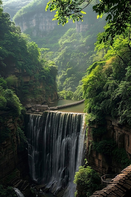 Photo waterfall in lush green forest