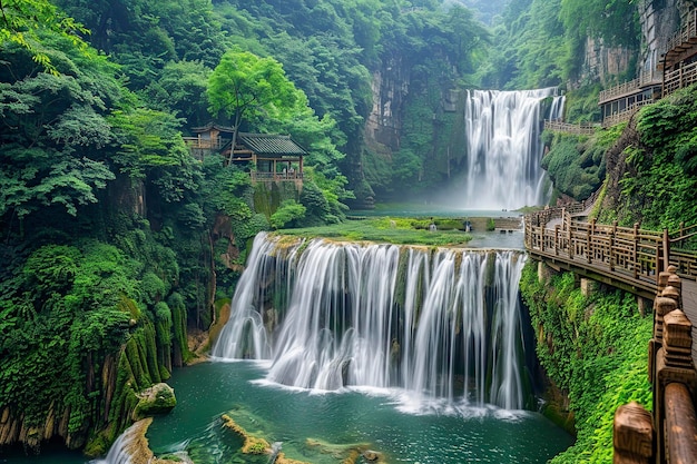 Photo waterfall in lush green forest