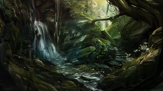 waterfall in a majestic forested canyon with clear water