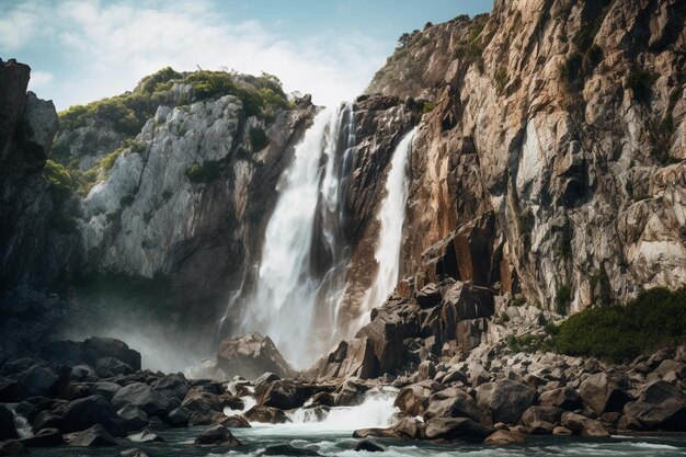 a waterfall in the middle of a cliff with a waterfall in the background.