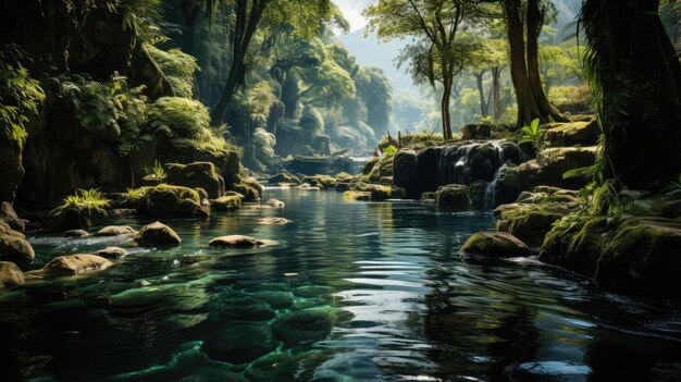 Photo waterfall in the middle of the forest flowing in a rainy river with large rocks around the pool with turquoise water