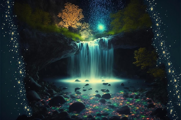 Waterfall in the middle of a forest at night generative ai