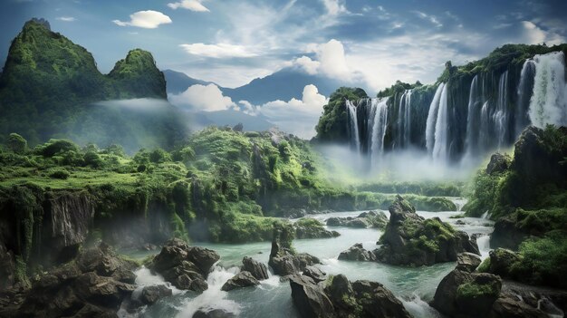 a waterfall in the middle of a forest with mountains and rocks