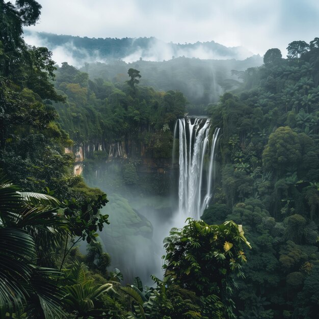 a waterfall in the middle of a jungle with a building in the background