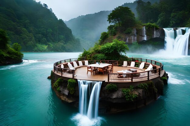 a waterfall in the middle of a lake