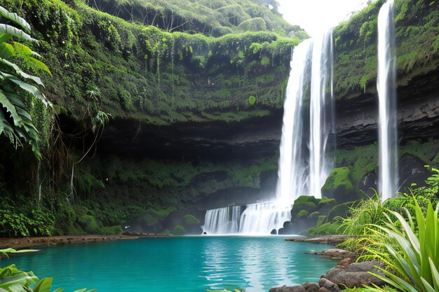 A waterfall in the middle of a lush green forest