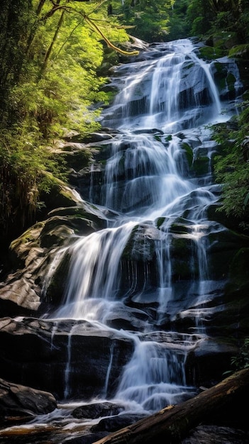 a waterfall in the middle of a lush green forest