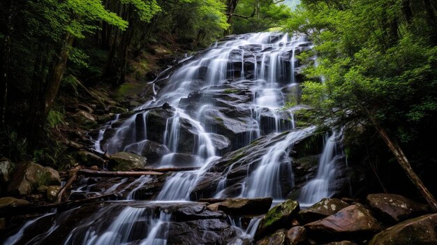 водопад посреди пышного зеленого леса