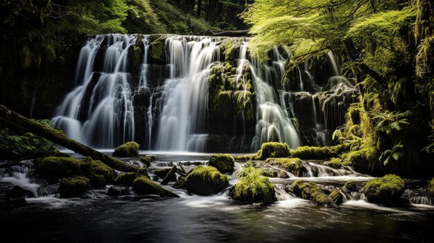 a waterfall in the middle of a lush green forest