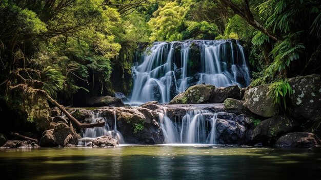 a waterfall in the middle of a lush green forest