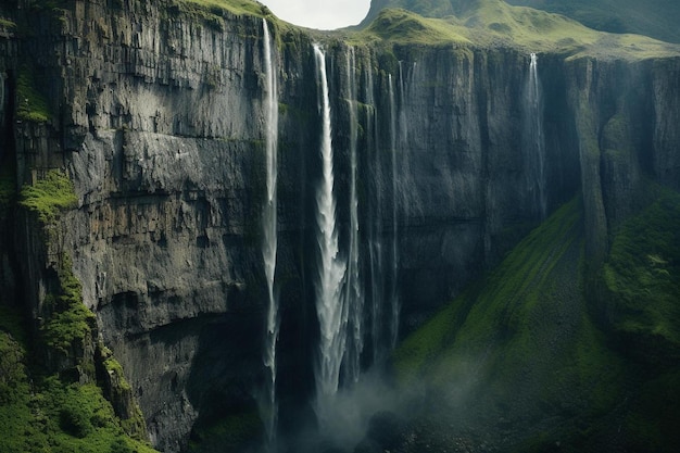 a waterfall in the middle of a mountain with a green cliff.