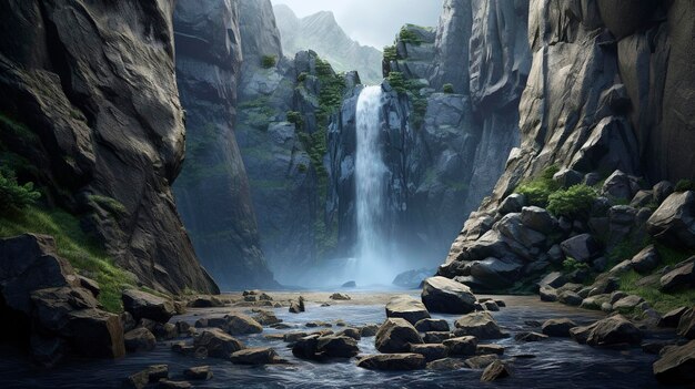 a waterfall in the middle of a mountain with a waterfall in the background