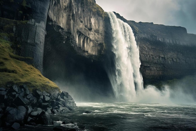 A waterfall in the middle of a river with a green grass covered hillside.