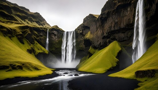 a waterfall in the middle with a green grass arround and a misty sky