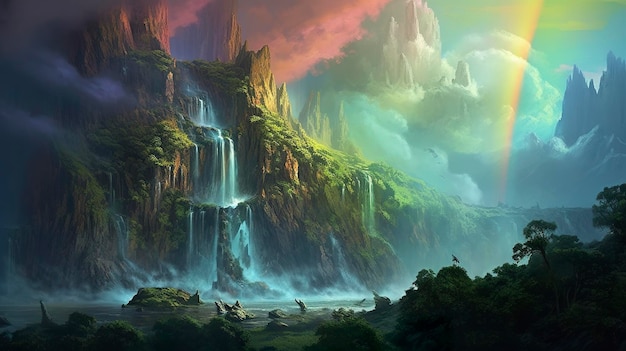 водопад посреди пейзажа страны чудес Генеративный ИИ