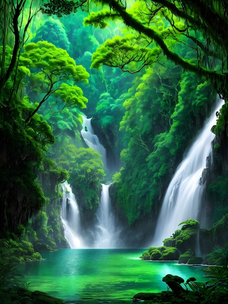 Waterfall in a Misty Forest Nature