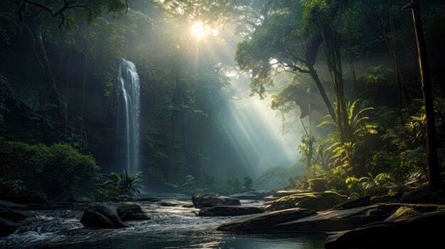 Foto cascata nel paesaggio atmosferico della foresta tropicale mattutina