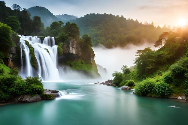 waterfall in the morning with the sun setting behind it