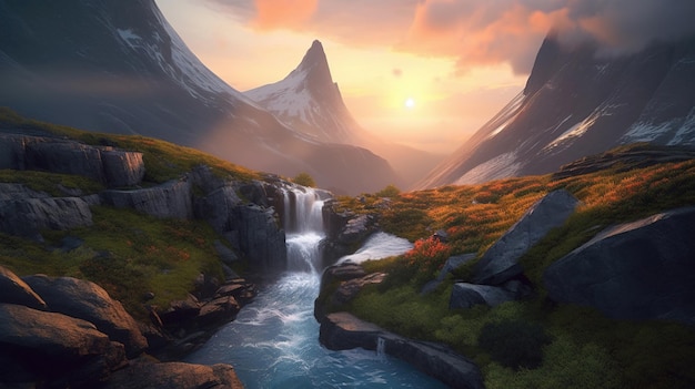 A waterfall in a mountain landscape with a sunset in the background