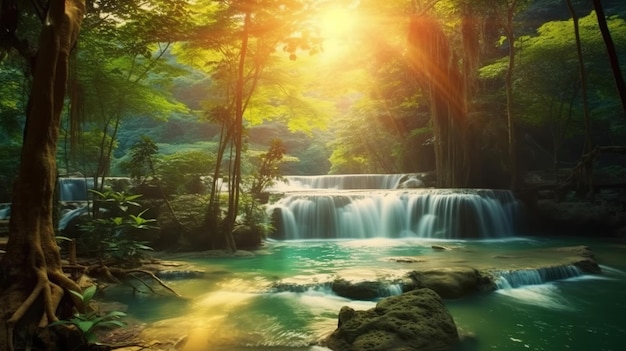 Waterfall on the Mountain Stream located in Misty Forest