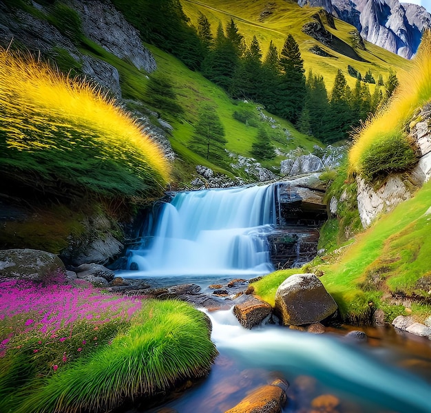 Foto una cascata in una valle di montagna con una montagna sullo sfondo.