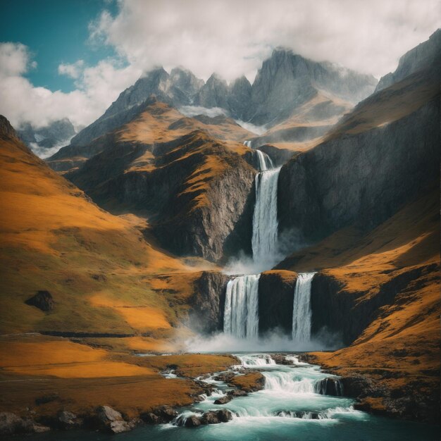 Waterfall and mountains full view