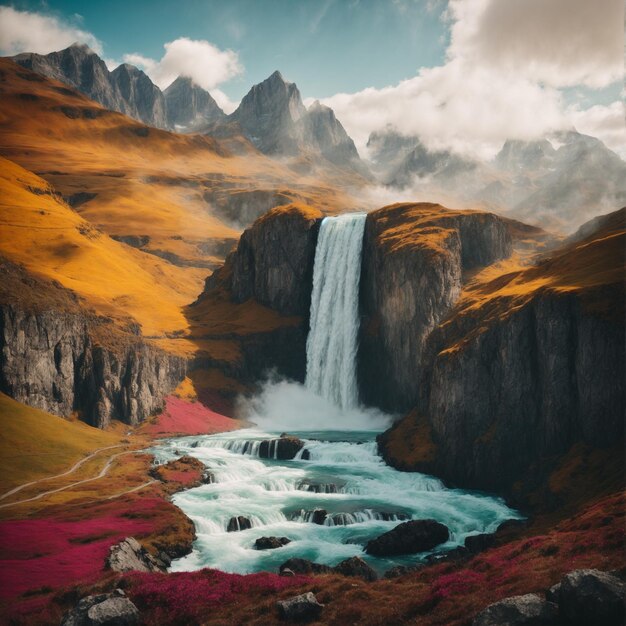 Waterfall and mountains full view