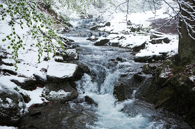 Waterfall in mountains at wintertime