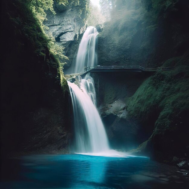 A waterfall in the mountains with a blue pool and a bridge in the foreground