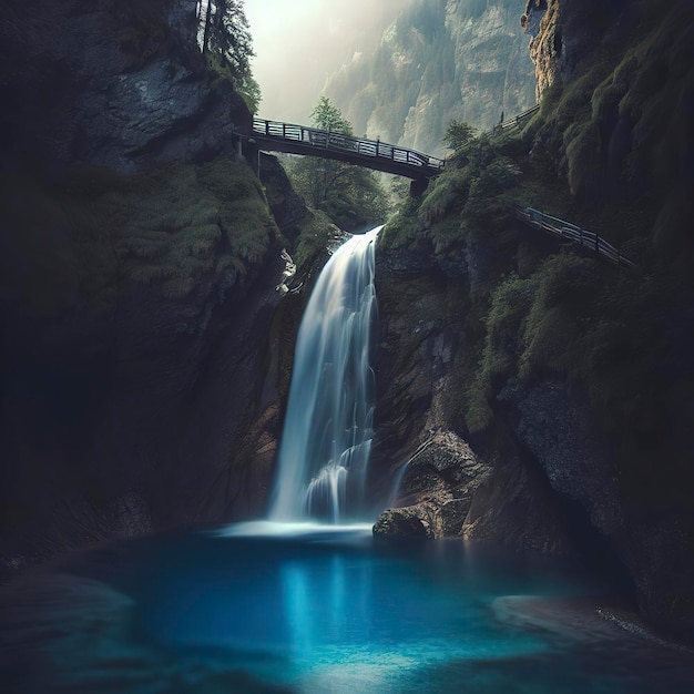 Водопад в горах с голубым бассейном и мостом на переднем плане