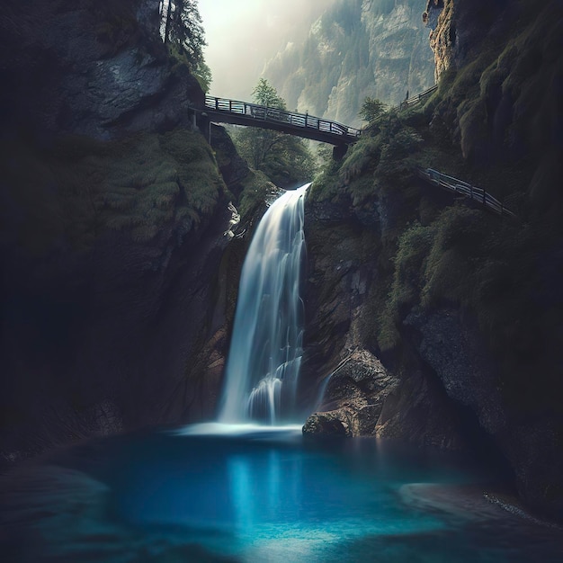 A waterfall in the mountains with a blue pool and a bridge in the foreground