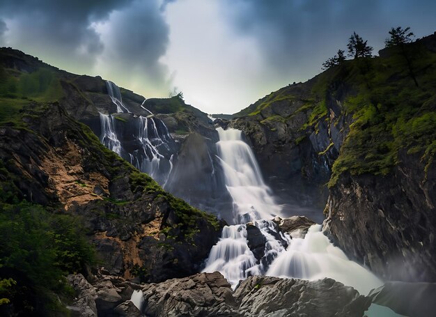 Photo a waterfall in the mountains with a dark sky