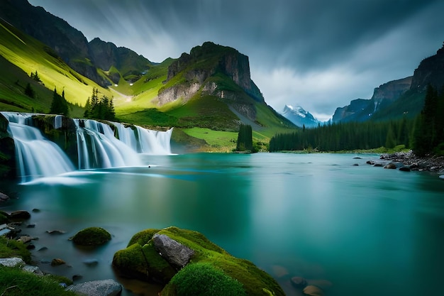 A waterfall in the mountains with green grass and mountains in the background