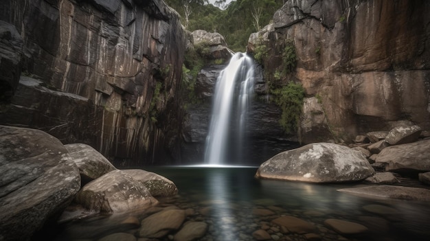 A waterfall in the mountains with a rock wall behind it