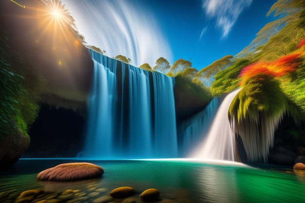 A waterfall in the mountains with the sun shining on it