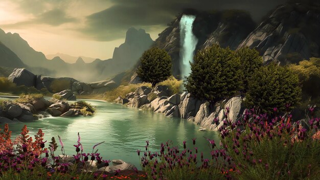 A waterfall in the mountains with a waterfall in the background