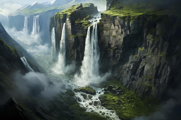 a waterfall in the mountains with a waterfall in the background