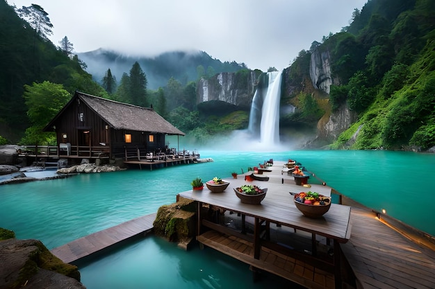 a waterfall in the mountains