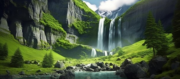 Photo a waterfall in the mountains