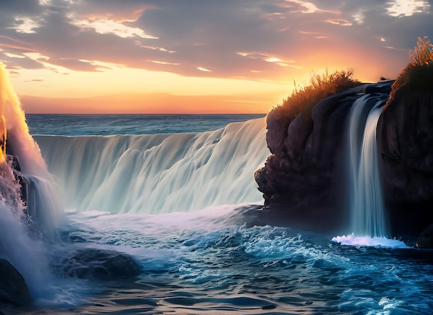 A waterfall in the ocean at sunset