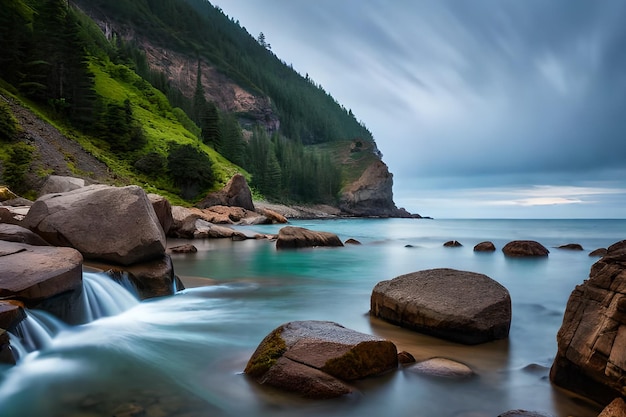 A waterfall in the ocean with a cloudy sky in the background