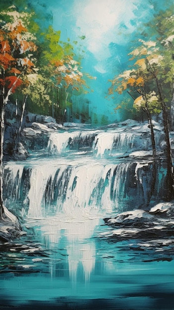 Waterfall painting canvas style turquoise ai generated pictures