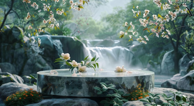 Waterfall Painting With Flowers on Table