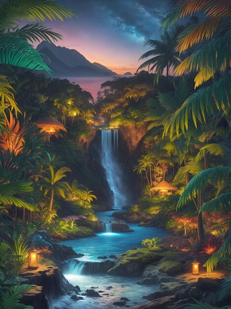 waterfall palm trees sand beach night sky