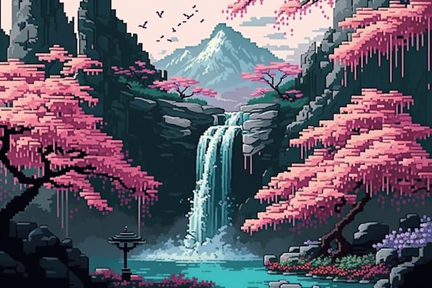 A waterfall in a pixel art style