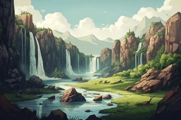 Waterfall on the river in the forest Cartoon vector illustration