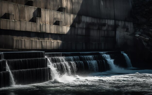 A waterfall in the river with the word dam on the bottom