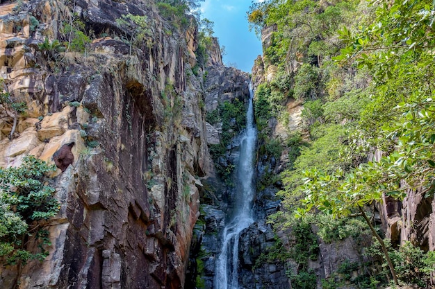 Waterfall among the rocks on a mountainside in the Serra do Cipo region in Minas Gerais